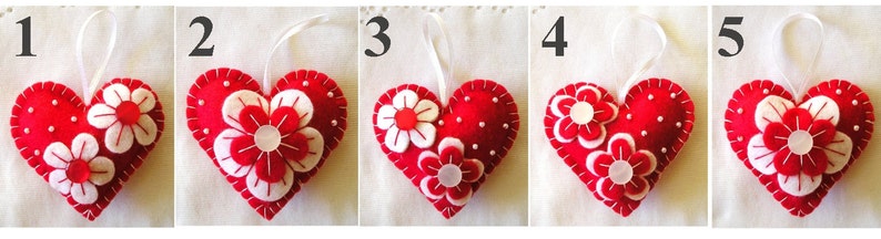 Felt Ornament Hearts Flowers Ornament Valentines day Gift Home Decor Mother Day Gift Handmade Embroidery Red White image 4