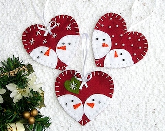 Snowman Christmas Ornaments, Snowman Heart Decor, Felt Ornaments, Christmas Tree Ornaments, Hanging Set