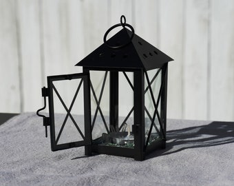 Small Black Lantern with clear quartz points that can serve as a shallow Terrarium, Candle Holder, or a cute Home Decoration