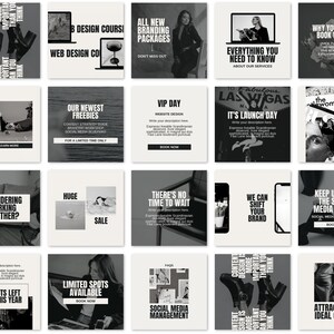 May include: A collection of black and white Instagram post templates for a social media marketing business. The templates feature text overlays with phrases like "Content Design is More Important Than You Think", "Our Newest Freebies", "VIP Day", "It's Launch Day", "Considering Working Together?", "Huge Sale", "There's No Time to Wait", "We Can Shift Your Brand", "Keep Up With The Social Media Trends", "2 Spots Left For This Year", "Limited Spots Available", "FAQs", "Social Media Management", and "Attract Your Ideal Clients".