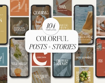 Instagram Templates Colorful Social Media for Digital Nomad 104 Post and Story Bundle Insta Matching Aesthetic Canva Templates Boho Graphics