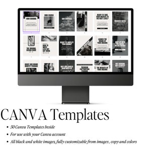 May include: A computer screen displaying 50 black and white Canva templates. The templates are for social media posts and feature text such as "Now Booking", "Mini Course", "Our Services", "Ready to Take Your Website to the Next Level", "Reduced Rates", "Launch the Brand of Your Dreams", "Keep Up With Social Media Trends", "About Our Brand Identity Package", "Why You Should Book With Us", "Not Booking Any Clients?", "Premium Copywriting Package", "The Website of Your Dreams".