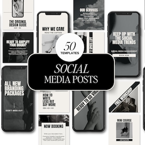 May include: A collection of 50 social media post templates in black and white with text overlays. The templates feature a variety of designs, including images of hands, clothing, and text. The text on the templates includes phrases like "Ready to Go Viral", "Free Workshop", and "Mini Course".