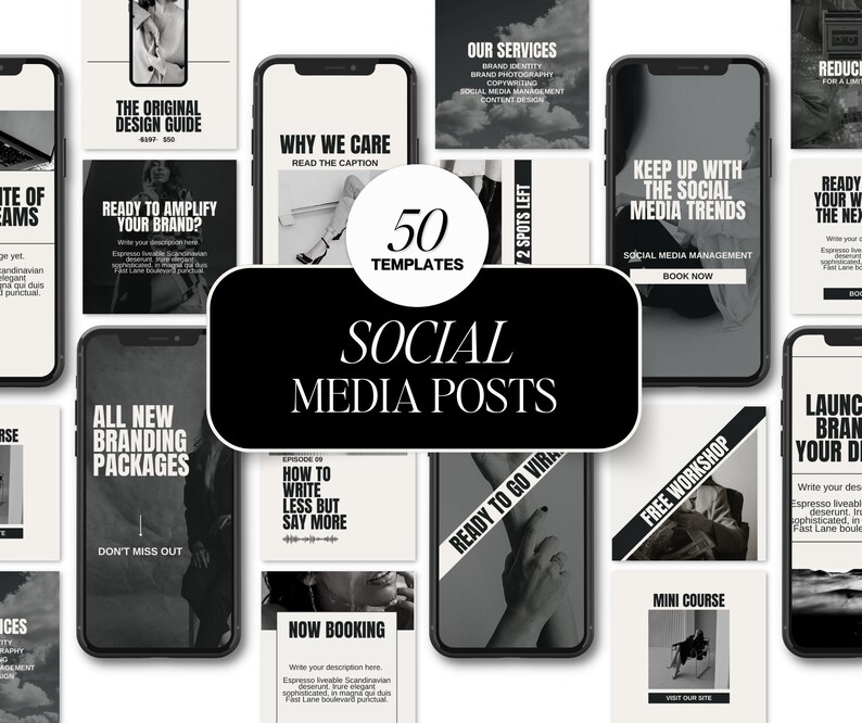May include: A collection of 50 social media post templates in black and white with text overlays. The templates feature a variety of designs, including images of hands, clothing, and text. The text on the templates includes phrases like "Ready to Go Viral", "Free Workshop", and "Mini Course".