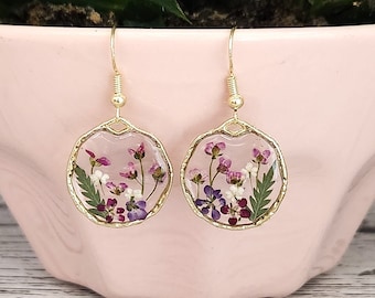 Handmade Dry Pressed Flower Resin Earrings, Small Round Dangle Flower Earring, Botanical Floral Drop Earring, Handcrafted Floral Earring