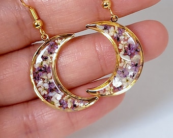 Handmade Resin Flower Earrings: Crescent Moon Dangle Jewelry. Queen Anne's Lace with Crushed Pearl Lightweight Earring