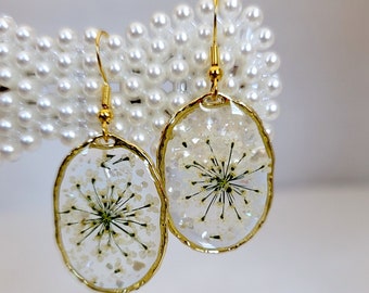 dangle earrings silver Handmade pressed flower earrings resin earrings dangle drop gift for her dangle earrings women gold leaf