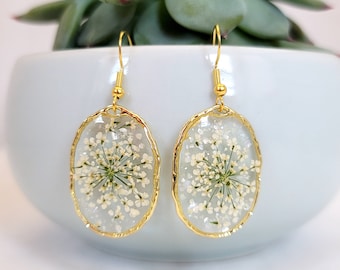 Handmade Resin Flower Earrings: Gold Oval Dangle Jewelry, Crushed Pearl Floral Preserved Earring