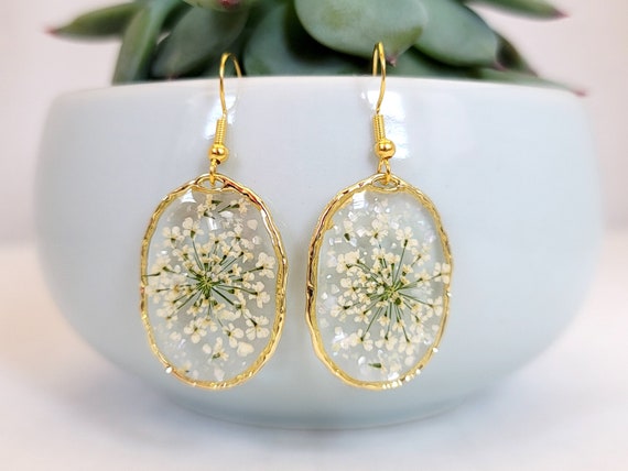 Handmade Dry Pressed Flower Resin Earrings Gold Oval Dangle