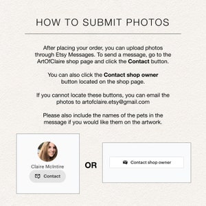 May include: Image with text: "HOW TO SUBMIT PHOTOS." Instructions on how to send photos after ordering from the ArtOfClaire shop. Includes options to contact the shop owner via Etsy Messages or email. Also includes a request to include pet names for artwork.