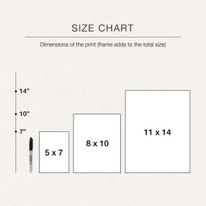 May include: A size chart with print dimensions in inches. The chart displays three rectangular print sizes: 5 x 7, 8 x 10, and 11 x 14. A black marker is included for scale. The text "SIZE CHART" is at the top. The dimensions are also shown in inches.