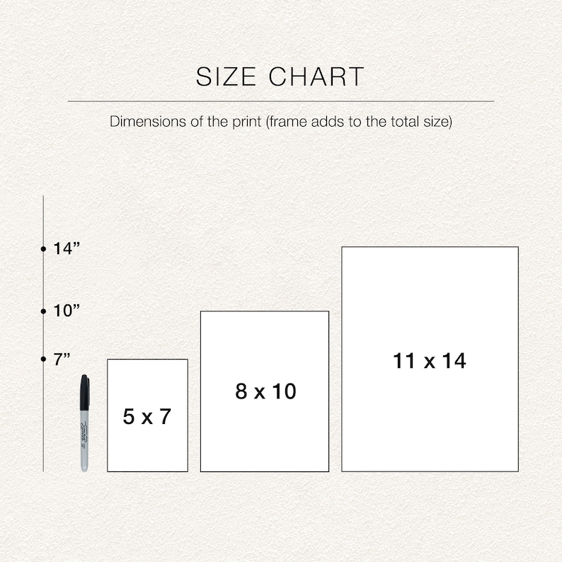 May include: A size chart with print dimensions in inches. The chart displays three rectangular print sizes: 5 x 7, 8 x 10, and 11 x 14. A black marker is included for scale. The text "SIZE CHART" is at the top. The dimensions are also shown in inches.