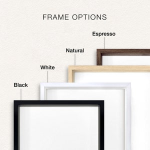 May include: Image displaying frame options in black, white, natural, and espresso. The text "FRAME OPTIONS" is at the top. Each frame colour is labelled, providing a clear visual comparison for customers.