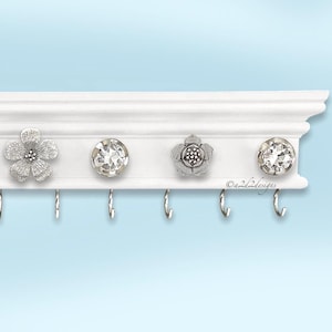 White Wall Necklace Holder, 22 Inches Wide, Handcrafted Rhinestone Knobs