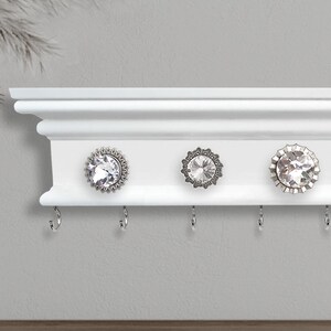 White Wall Necklace Organizer, Handcrafted Rhinestone Knobs, 16 Inches Wide