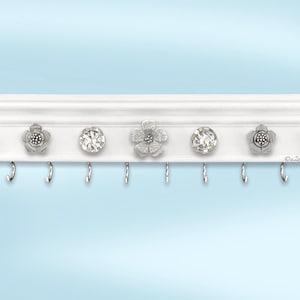 White Wall Necklace Holder, 22 Inches Wide, Handcrafted Rhinestone Knobs