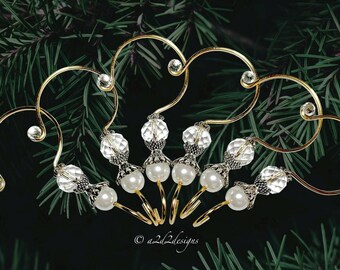Decorative Ornament Hooks, 6 Gold Beaded Hangers, Keeps Ornaments Facing Forward, 2 1/2 Inches High