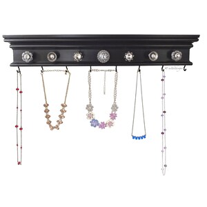 Black Necklace Holder, Handmade Rhinestone Knobs, 22 Inches Wide