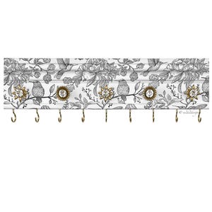 Necklace Holder Wall Mount, Black White Toile, Handcrafted Knobs, 16” Wide