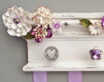 Flower Hair Bow Holder 10", Antiqued White Rustic Nursery Decor, Baby Girl Organizer, Lavender Purple