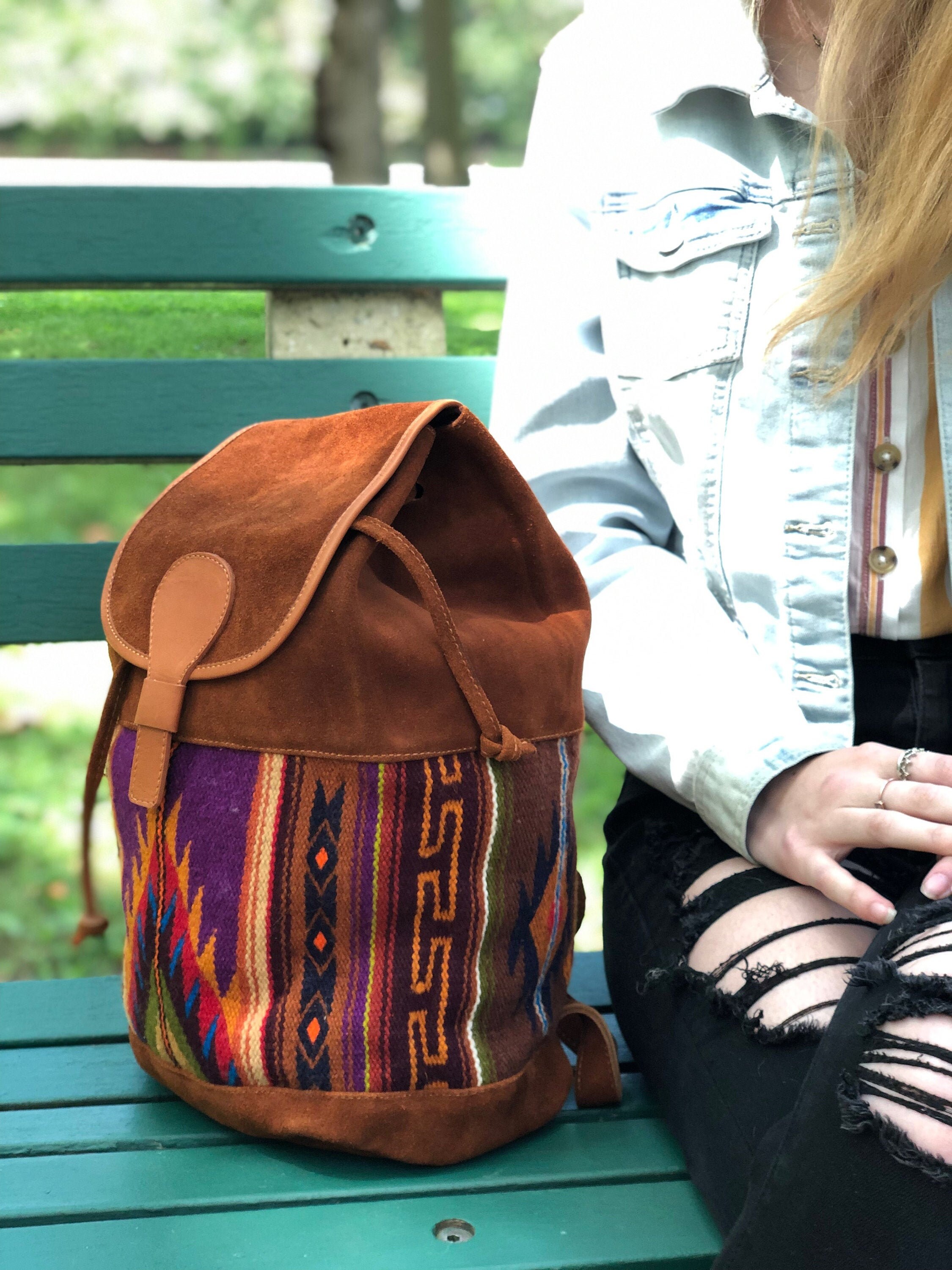Suede Backpack Southwestern Wool Ecuador Boho Wool Textile + Suede Leather Backpack, Handcrafted  main image 2