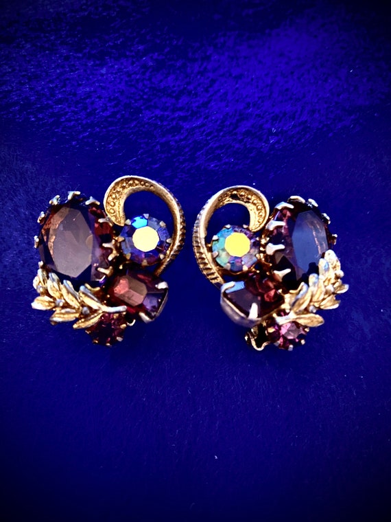 Regency Earrings Gold Tone Aurore Borealis & Amet… - image 2