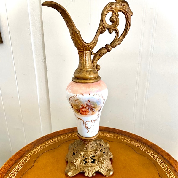 Victorian Antique Ewer Hand Painted Milk Glass Mantel Ornate