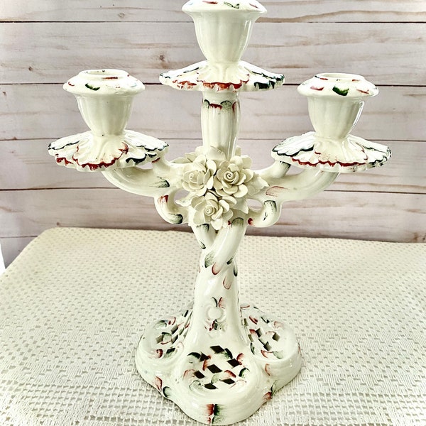 Italian Chandelier Porcelain 3 Arms Raised Roses Candle Stick Holder