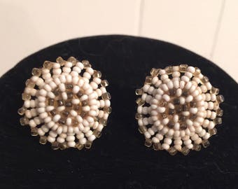 Glass Beaded Earrings with screw backs, White and Brown Beads