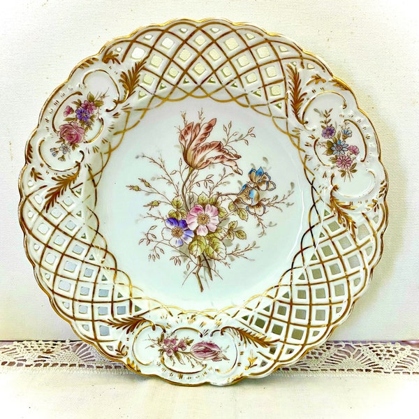 Reticulated Plate Floral Hand Painted Gilded