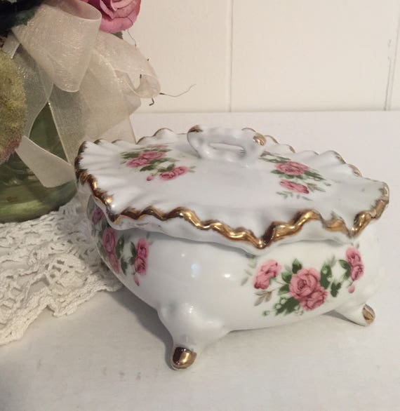Moss Rose Handled Bowl On Sale Vintage Tilso Oval Dish Floral Basket White with Gold Highlights Ruffled Porcelain