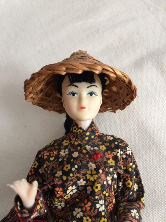 Vintage Asian Doll With Fishing Basket And Fish Etsy