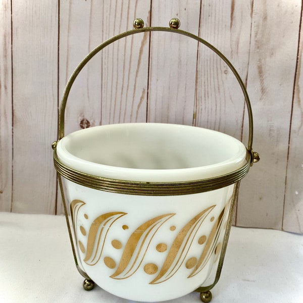 Retro Mid-Century Mild Glass Ice Bucket Atomic Gold with Stand