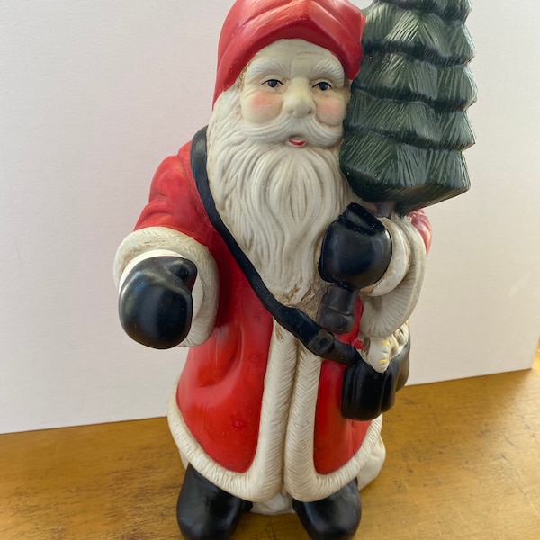 Santa Large W/Tree & Sack Ceramic Primitive Farm House Christmas Santa