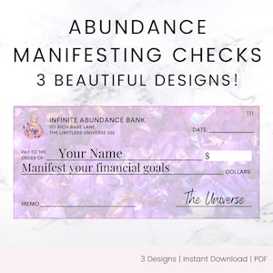 May include: A digital design for abundance manifesting checks. The checks have a purple and white background with text that reads "Your Name" and "Manifest your financial goals". The checks are from the "Infinite Abundance Bank".