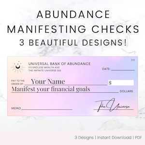 Peut inclure: Un modèle de chèque imprimable avec un fond dégradé rose et violet. Le chèque est intitulé "Banque universelle de l'abondance" et indique "Payez à l'ordre de : Votre nom. Manifestez vos objectifs financiers." Le chèque comporte une ligne de mémo et une ligne de signature qui dit "L'univers".