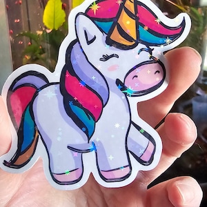 Cute Rainbow Unicorn Vinyl Sticker – Holographic Glitter Finish