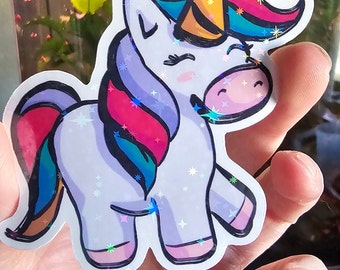 Unicorn Sticker Holographic | Pink Purple Teal Hair | Fantasy Sticker | Hand Drawn