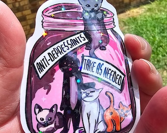 Cats in a Jar Sticker | Anti-Depressants Take as Needed | Funny Cat Mom Gift