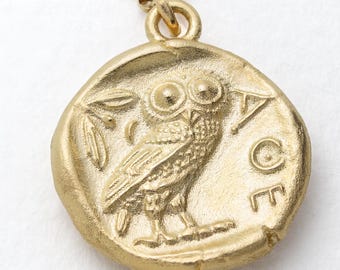 Solid 18ct Gold Athena Owl Pendant Necklace, 18K Ancient Greek Coin Jewellery, Double Sided Tetradrachm Charm