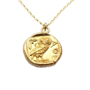 Solid Gold Athena Goddess of Wisdom and Owl Greek Ancient Greek TETRADRACHM Necklace Double Sided Greek Coin Gold 9ct Charm Pendant