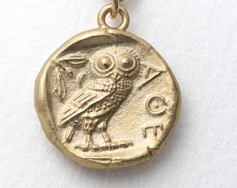 Solid 14K Gold Athena Owl Double Sided Pendant: Ancient Greek Coin Design, Optional Wheat Chain