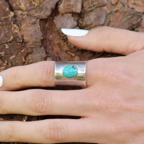 Turquoise Ring - Sterling Silver Adjustable Navajo style Finger Ring with Turquoise Setting Mirror finished and Sized To Fit