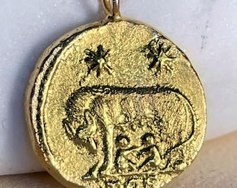 Solid Gold 14ct Emperor CONSTANTINE Romulus Remus SheWolf Rome Ancient Roman Coin Charm  Necklace - Double Sided Roman Coin Gold 14K Pendant