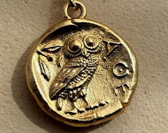 Gold Athena Owl Coin Pendant Necklace | Ancient Greek Wisdom Symbol