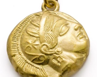 18ct Solid Gold Athena Goddess of Wisdom and Owl Ancient Greek Tetradrachm Coin Necklace Double Sided Pendant 18K