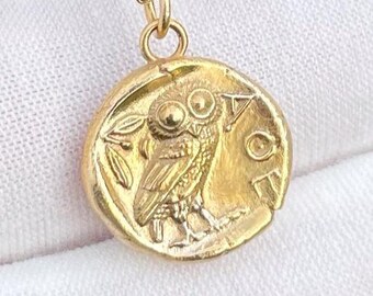 Solid Gold 14ct  Athena Goddess of Wisdom & Owl Greek Ancient Greek TETRADRACHM Necklace  Greek Double Coin Gold Charm Pendant Chain 14k