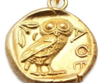 Solid Gold 14ct Athena Goddess of Wisdom and Owl Greek Ancient Greek TETRADRACHM Necklace Double Sided Greek Coin Gold 14K Charm Pendant