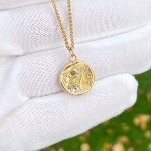 Solid Gold Athena Goddess of Wisdom & Owl Greek Ancient Greek TETRADRACHM Necklace  Greek Double Coin Gold 9ct Charm Pendant wheat Chain