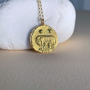 Solid Gold Emperor CONSTANTINE I Romulus Remus SheWolf Rome Ancient Roman Coin Charm  Necklace - Double Sided Roman Coin Gold 9ct Pendant